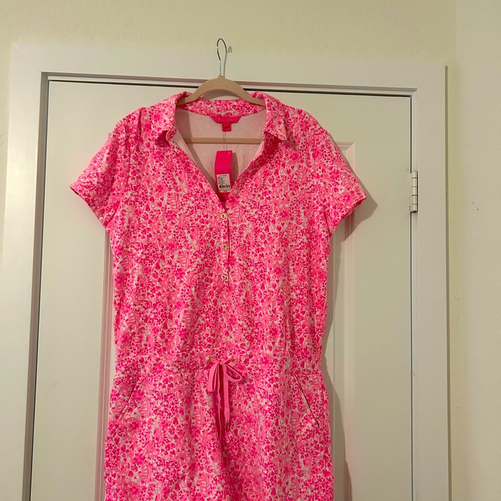 Lilly Pulitzer romper in neon pink and white